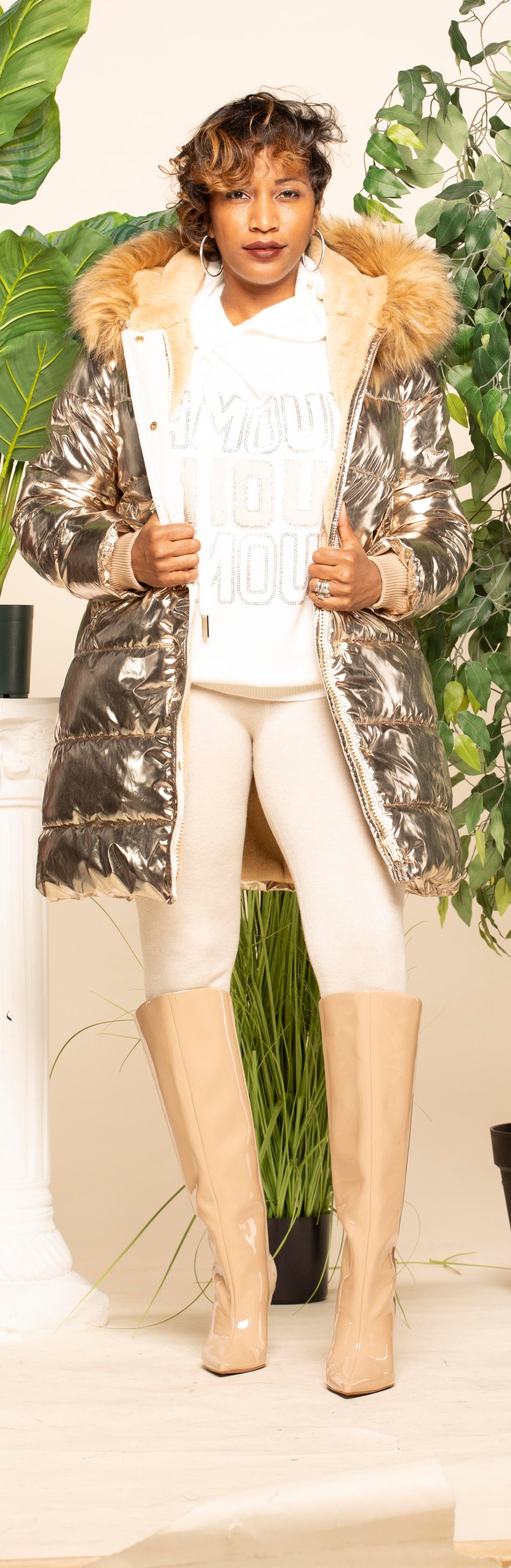 metallic puffer coat gold